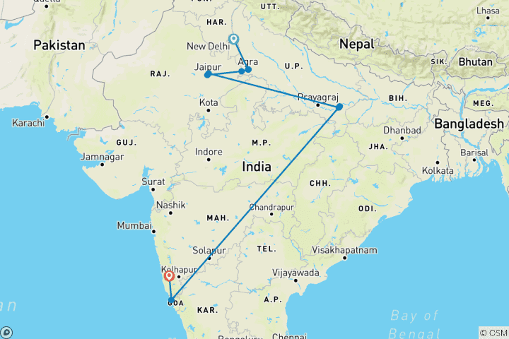 Kaart van Rondreis Noord-India met Goa