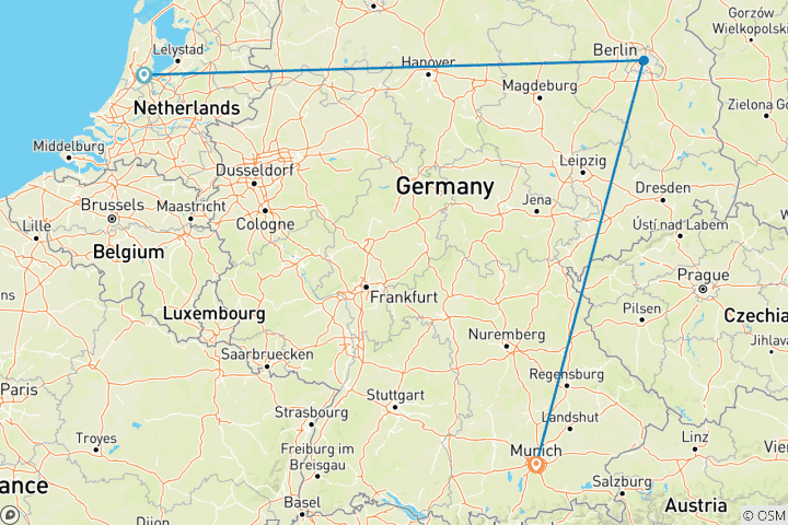 Kaart van Nederland en Duitsland - Amsterdam, Berlijn en München in 8 dagen