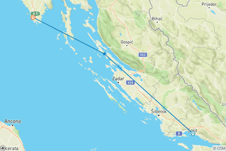 Map of Split to Pula: Hostel Week Group Tour