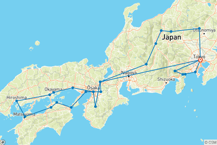 Carte du circuit Circuit des paysages du Japon et du Mont Fuji : Mont Koya, Kyoto, Osaka, Hiroshima en 15 jours