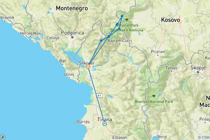 Carte du circuit Randonnée en Albanie, au Kosovo et au Monténégro