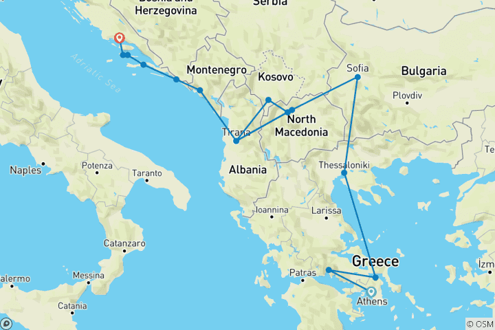 Carte du circuit Athènes à Dubrovnik et Split Aventure à la voile Grèce Balkans et Croatie