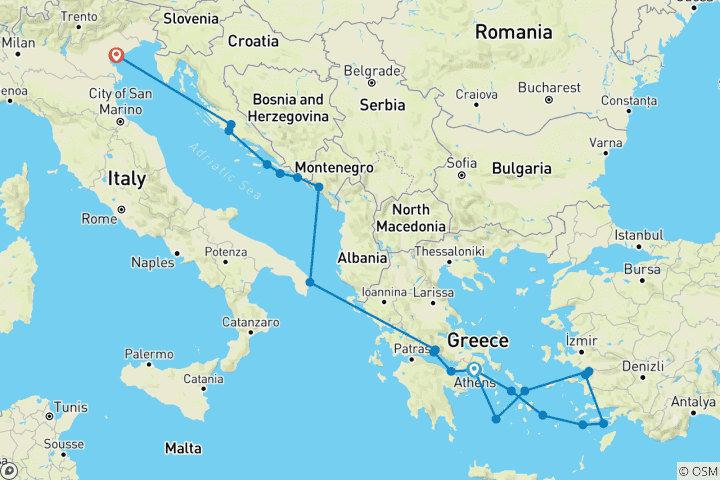 Carte du circuit Plaisirs de l'Adriatique et de la mer Égée Athènes → Venise (2025)