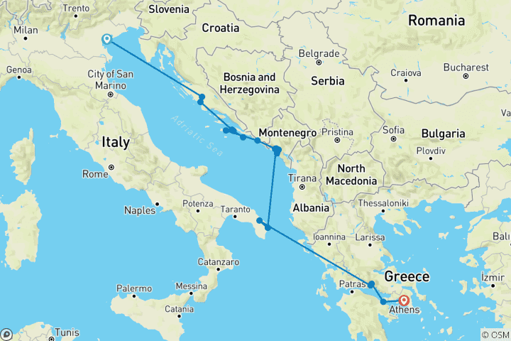 Map of Adriatic Jewels Venice → Athens (2025) (18 destinations)