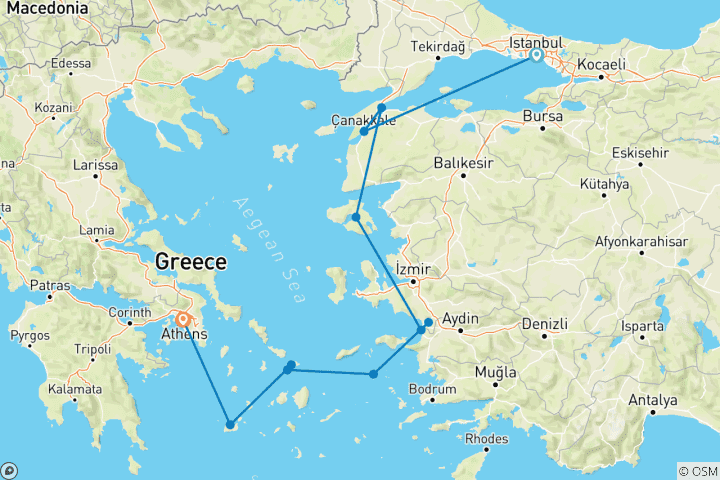 Karte von Aegean Explorer Istanbul → Athen (2025) (11 Destinationen)