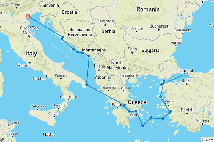 Carte du circuit Trésors de la Méditerranée Istanbul → Venise (2025)