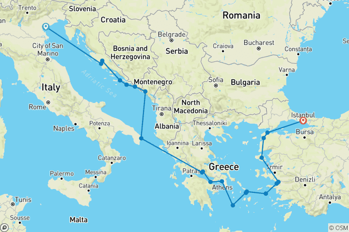 Carte du circuit Trésors de la Méditerranée Venise → Istanbul (2025)