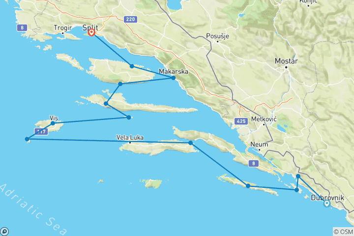 Map of Southern Pearls 8 days Cruise - from Dubrovnik to Split