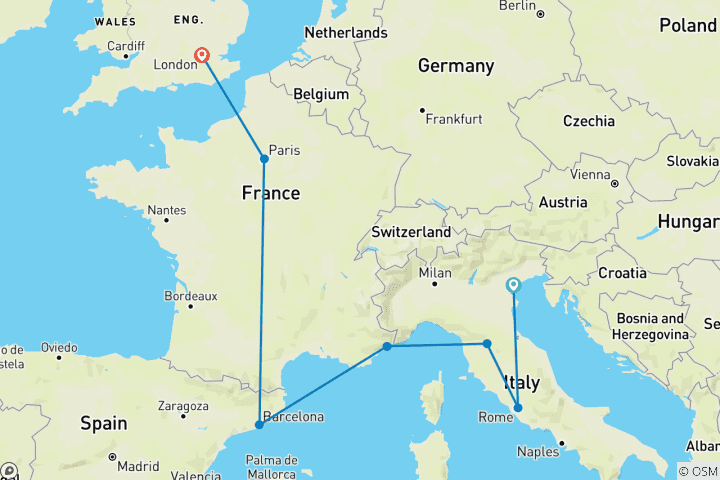 Carte du circuit Les filles en tournée : Circuit ferroviaire de groupe en Europe occidentale (18-35)