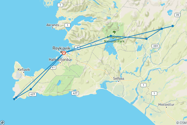 Karte von 5 Tage Reykjavík Island & Sonnenfinsternis Abenteuer Budget