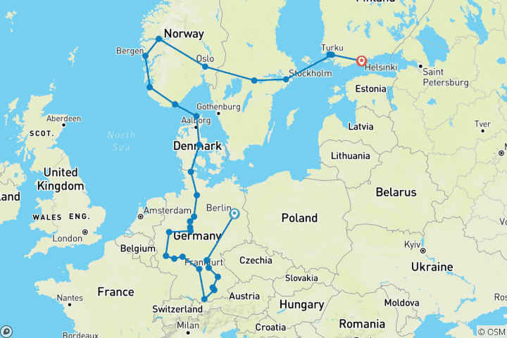 Map of 16 DAYS TO IMMERSE YOURSELF IN THE MAGICAL LANDSCAPES AND HISTORICAL HERITAGE OF NORTHERN EUROPE