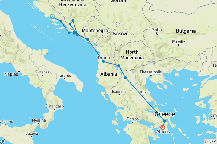 Mapa de 11 días - Viaje en velero de Croacia a Grecia pasando por Mostar, Kotor y Meteora:  Aventura en velero Circuito de los Tesoros Intemporales