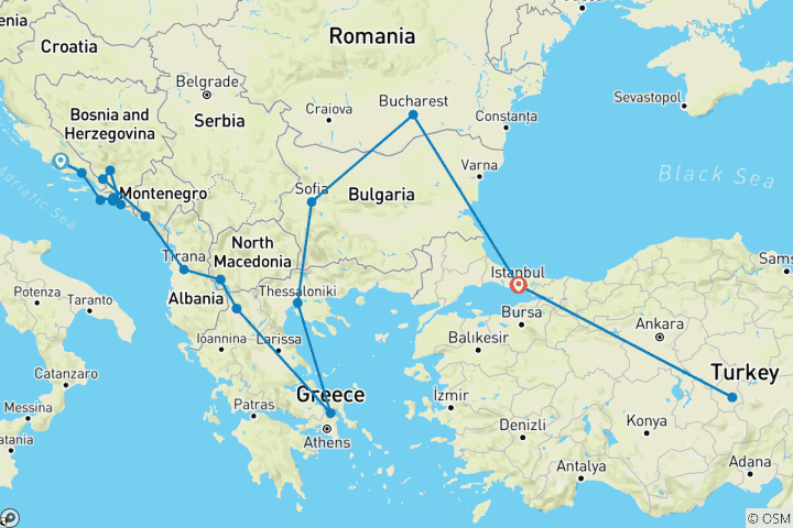 Mapa de 18 días - Croacia Circuito en velero a Estambul, Capadocia vía Mostar, Kotor, Transilvania 3 vuelos incluidos:  Aventura en velero Circuito de los Tesoros Intemporales