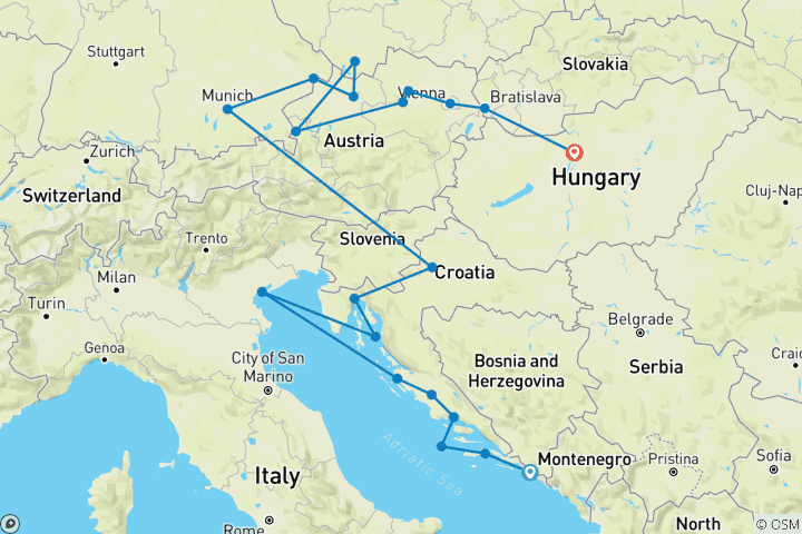 Carte du circuit Joyaux de l'Adriatique et du Danube Dubrovnik → Budapest (2026)