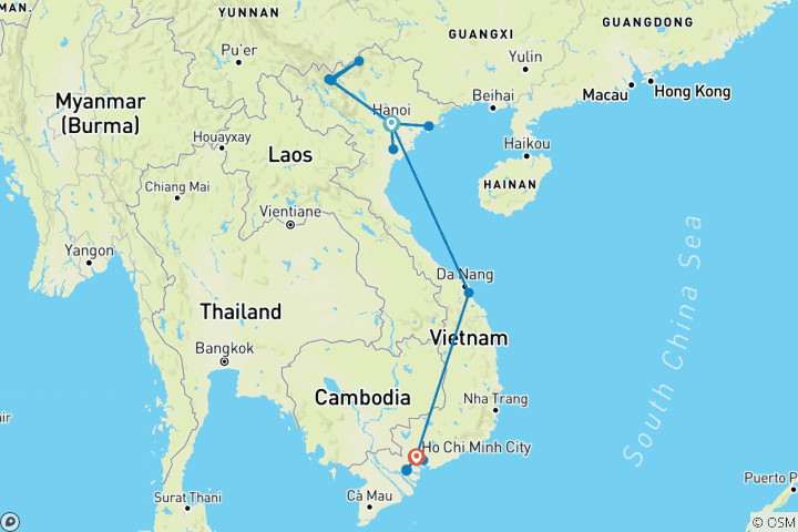 Carte du circuit 12 jours de découverte du Vietnam : Des montagnes majestueuses de Sapa à la baie d'Halong, en passant par Hoi An et le delta du Mékong