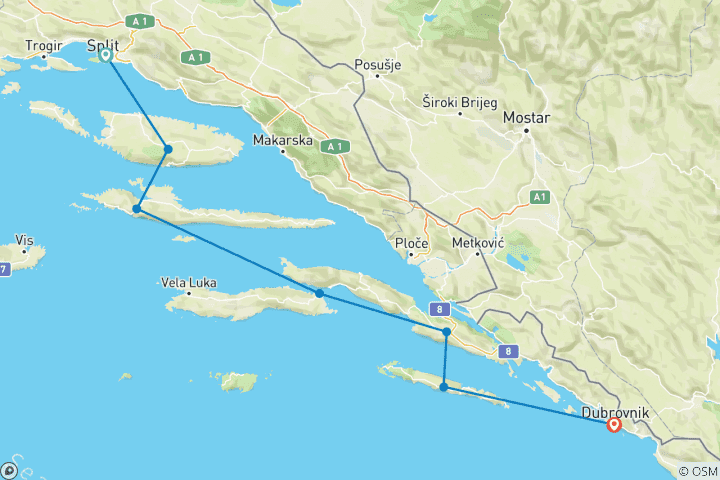 Kaart van Wandelvakantie van de Kroatische eilanden van Split naar Dubrovnik