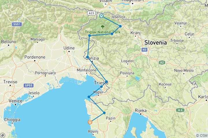 Map of Alps to Adriatic Cycling - from Lake Bled to Poreč via Parenzana