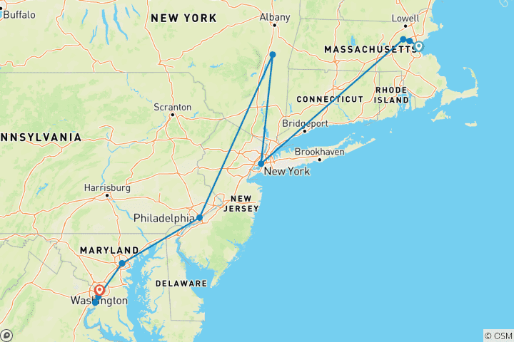 Map of Celebrating America's 250th Anniversary  (Boston, MA to Washington, D.C.)