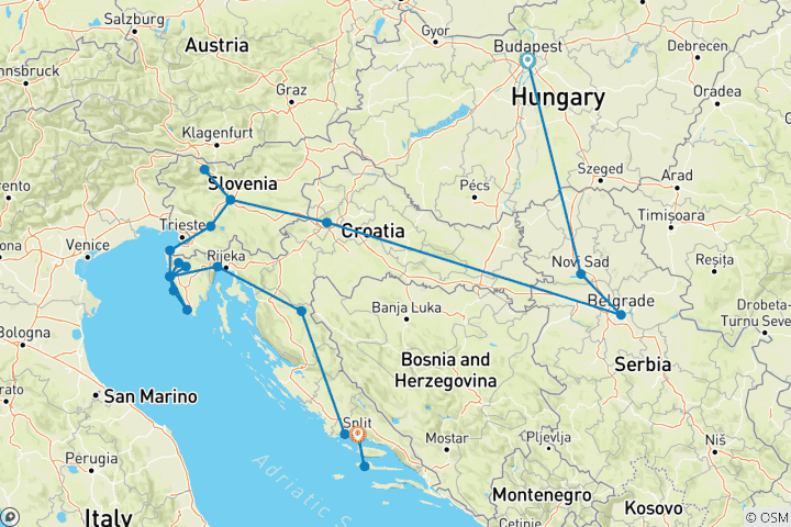 Karte von Budapest, Belgrad & Bled nach Split - 13 Tage