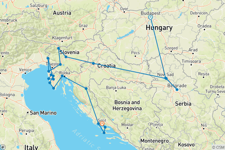 Map of Budapest, Belgrade & Bled to Split - 13 days