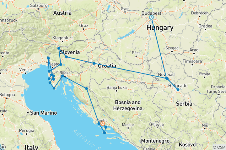 Map of Budapest, Belgrade & Bled to Split Superior - 13 days