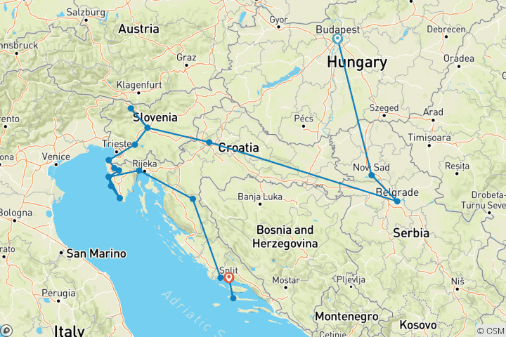 Mapa de Budapest, Belgrado y Bled a Split Superior - 13 días