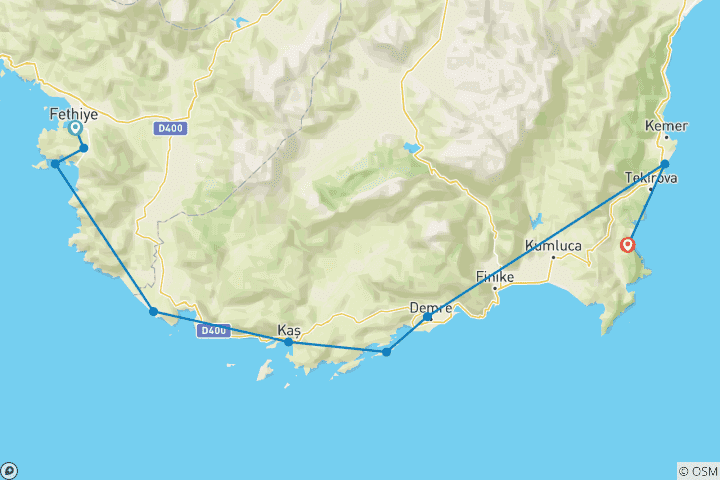 Map of Fethiye to Olympos Express - 4 days