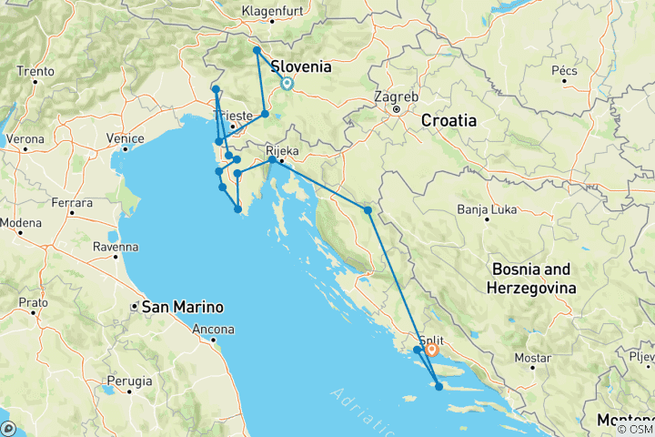 Map of Slovenia to Split - 9 days