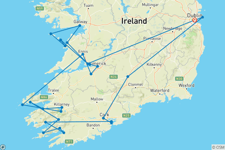 Carte du circuit Geluxe : Irlande : Randonnées côtières, péninsule de Beara et parc national de Killarney