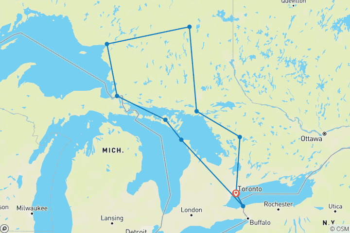 Carte du circuit Terre, lacs et légendes : Une expérience complète de voyage en Ontario