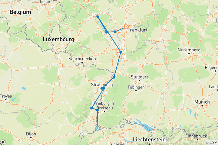 Carte du circuit Le Rhin majestueux 2026 - 8 jours (from Bâle to Francfort-sur-le-Main)