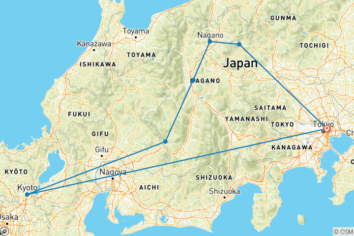 Carte du circuit Tokyo, Kyoto et les Alpes : Nagano | Nikko | Ikaho en 6 jours