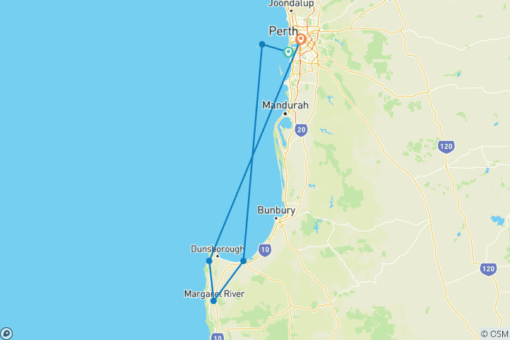 Map of Best of Perth, Margaret River & Rottnest Island (from Fremantle to Perth)