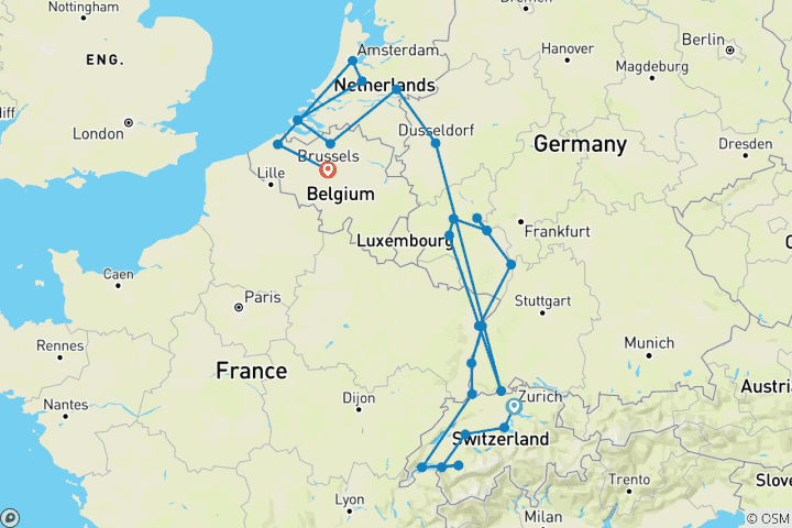 Map of Romantic Rhine & Moselle with Switzerland & Bruges 2026 - 22 Days (from Zurich to Brussels)