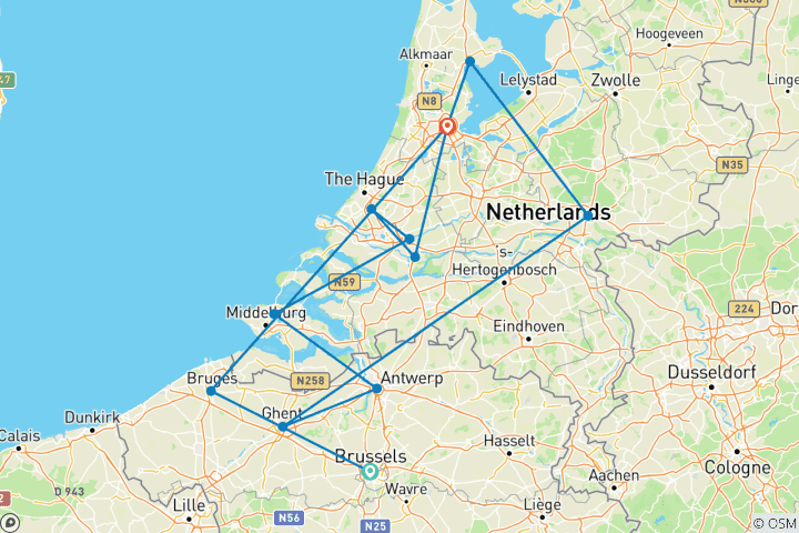 Map of Windmills, Tulips & Belgian Delights with Bruges 2026 - 11 Days (from Brussels to Amsterdam)