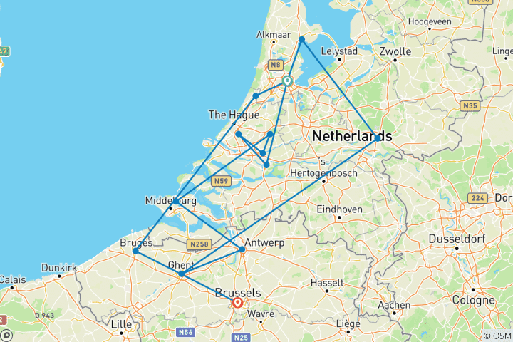 Map of Windmills, Tulips & Belgian Delights with Bruges 2026 - 11 Days (from Amsterdam to Brussels)