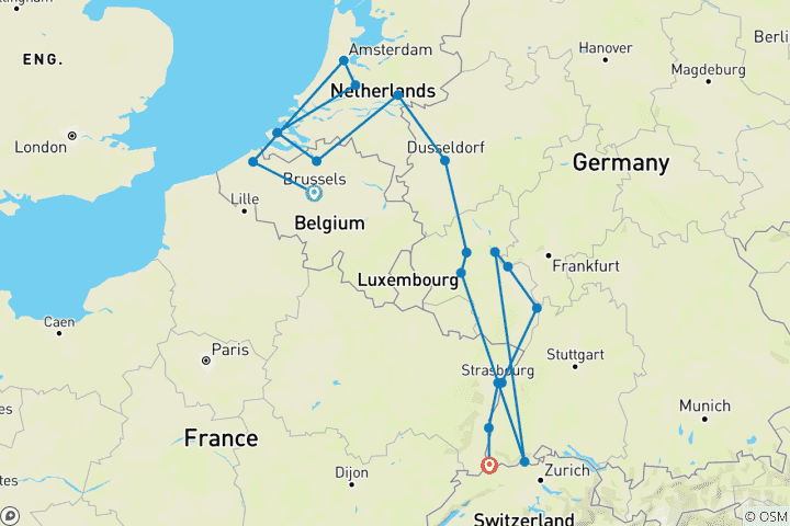 Map of Romantic Rhine & Moselle with Bruges 2026 - 18 Days (from Brussels to Basel)