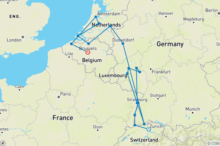 Map of Romantic Rhine & Moselle with Bruges 2026 - 18 Days (from Zurich to Brussels)