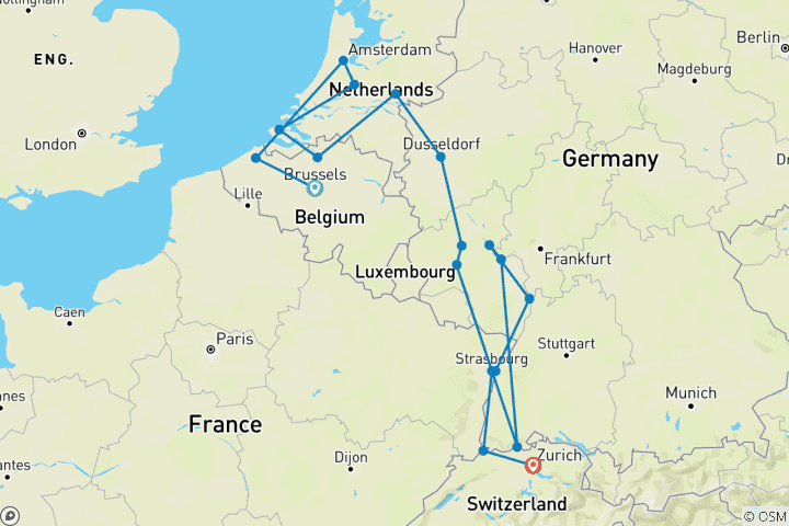 Map of Romantic Rhine & Moselle with Bruges 2026 - 18 Days (from Brussels to Zurich)