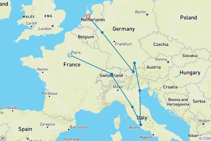 Map of European Experience (Start Paris, 13 Days)