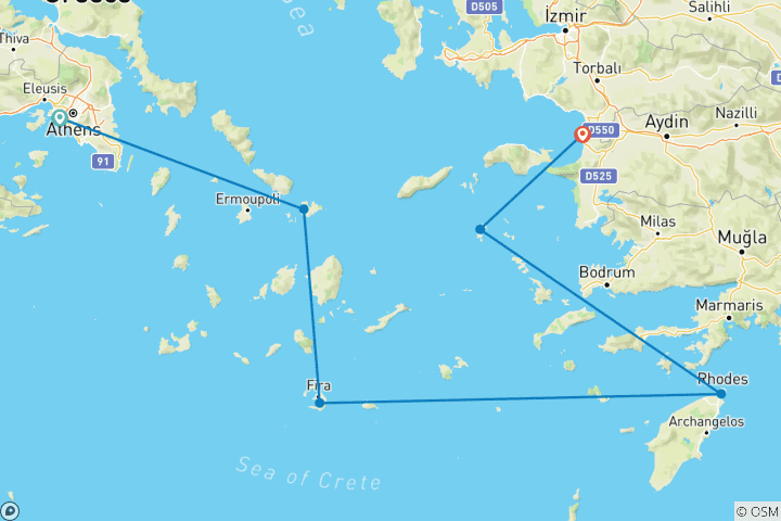 Map of 5 Day Cruise to Mykonos, Santorini, Rhodes, Patmos and Kusadasi (Turkey) from Athens.