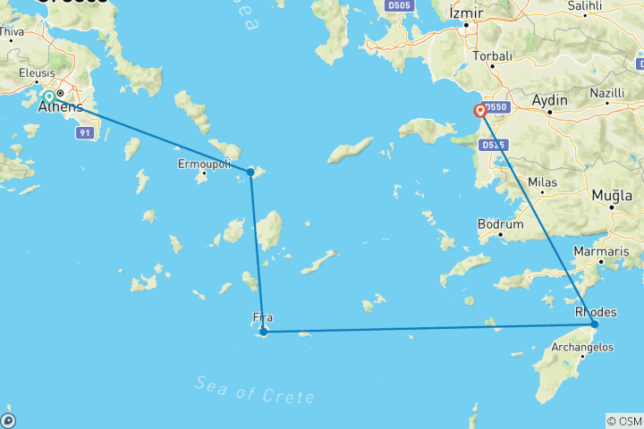 Map of 5 Day Cruise to Greek Islands Mykonos, Santorini, Rhodes, and Kusadasi.