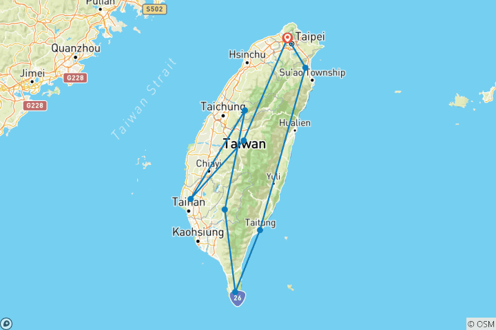 Carte du circuit Taïwan : Taipei, lac Sun Moon, Tainan, Kaohsiung, Kenting, Taroko - 8 jours