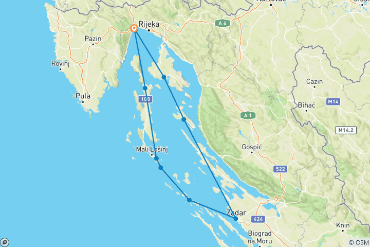 Carte du circuit 8 jours dans la baie des îles croates au départ d'Optija