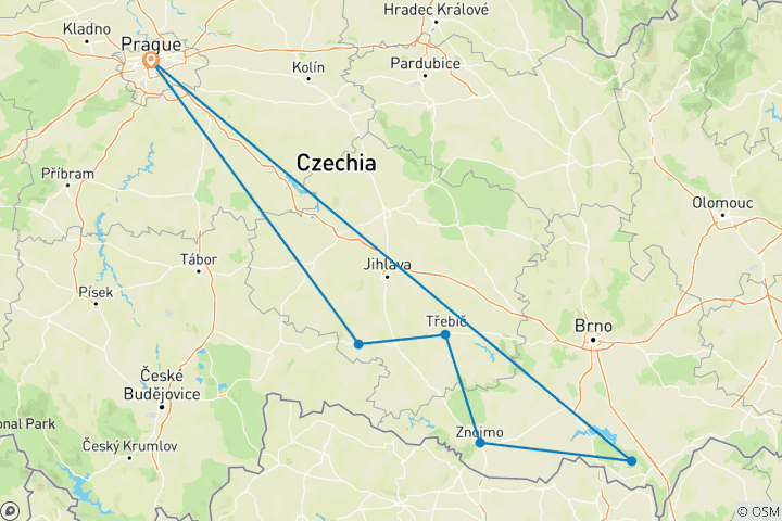 Carte du circuit Prague et la Moravie du Sud à un rythme facile - 6 jours (UNESCO et vin)