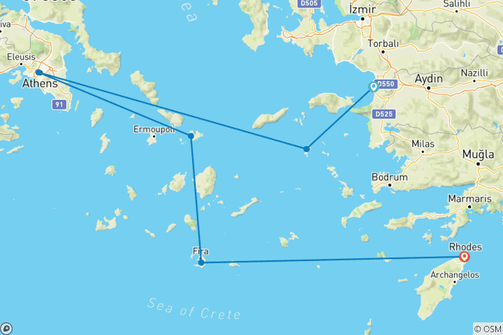 Karte von 5-tägige Kreuzfahrt nach Patmos, Athen, Mykonos, Santorin und Rhodos ab Kusadasi (Türkei).