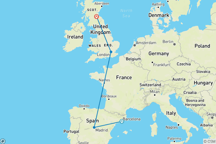 Kaart van 12 Daagse Europese Hoeken per trein (Barcelona, Madrid, Londen en Edinburgh.)