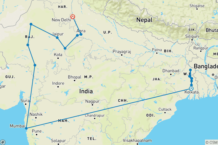 Map of Cruise & Rail: The Sacred Ganges & the Maharajas' Express (2026) (Kolkata to New Delhi, 2026)