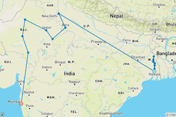 Map of Cruise & Rail: The Sacred Ganges & the Maharajas' Express (2026) (Kolkata to Mumbai, 2026)