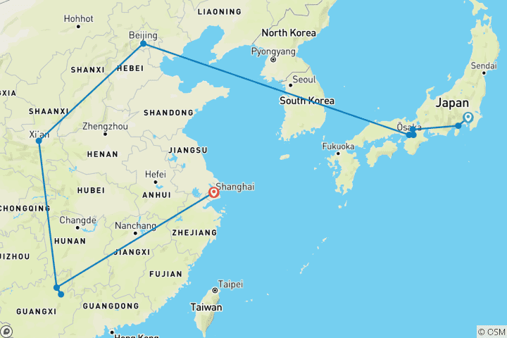 Map of Japan & China:  17 Days Highlights Small Group Tour